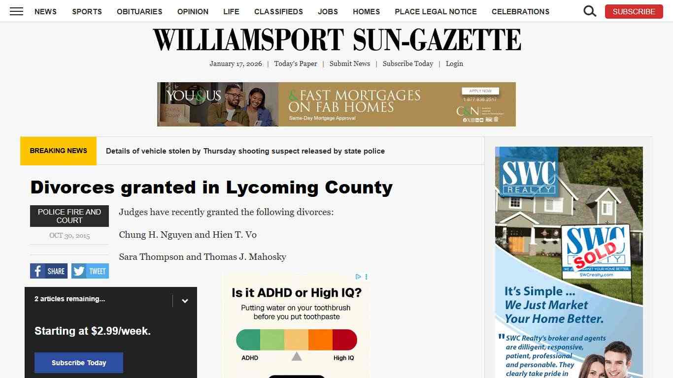 Divorces granted in Lycoming County | News, Sports, Jobs - Williamsport Sun-Gazette